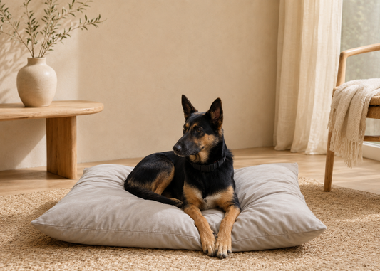 Coussin signature "lili" taupe pour chien malinois compactable lavable fait main à Marseille — L'Atelier du Chien Français