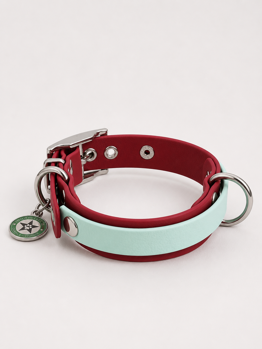 Collier modulable pour chien en TPU rouge cerise avec bande amovible colorée bleu pastel