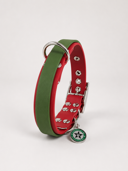 Collier modulable pour chien en TPU rouge cerise avec bande amovible colorée vert olive