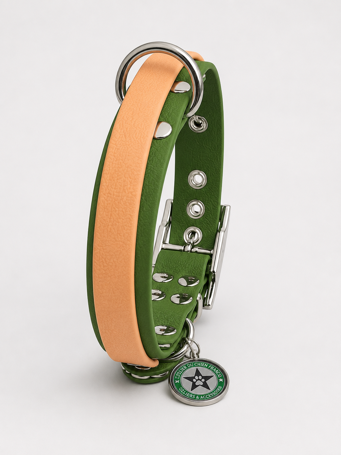 Collier modulable pour chien en TPU vert olive avec bande amovible colorée  caramel