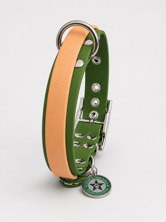 Collier modulable pour chien en TPU vert olive avec bande amovible colorée  caramel