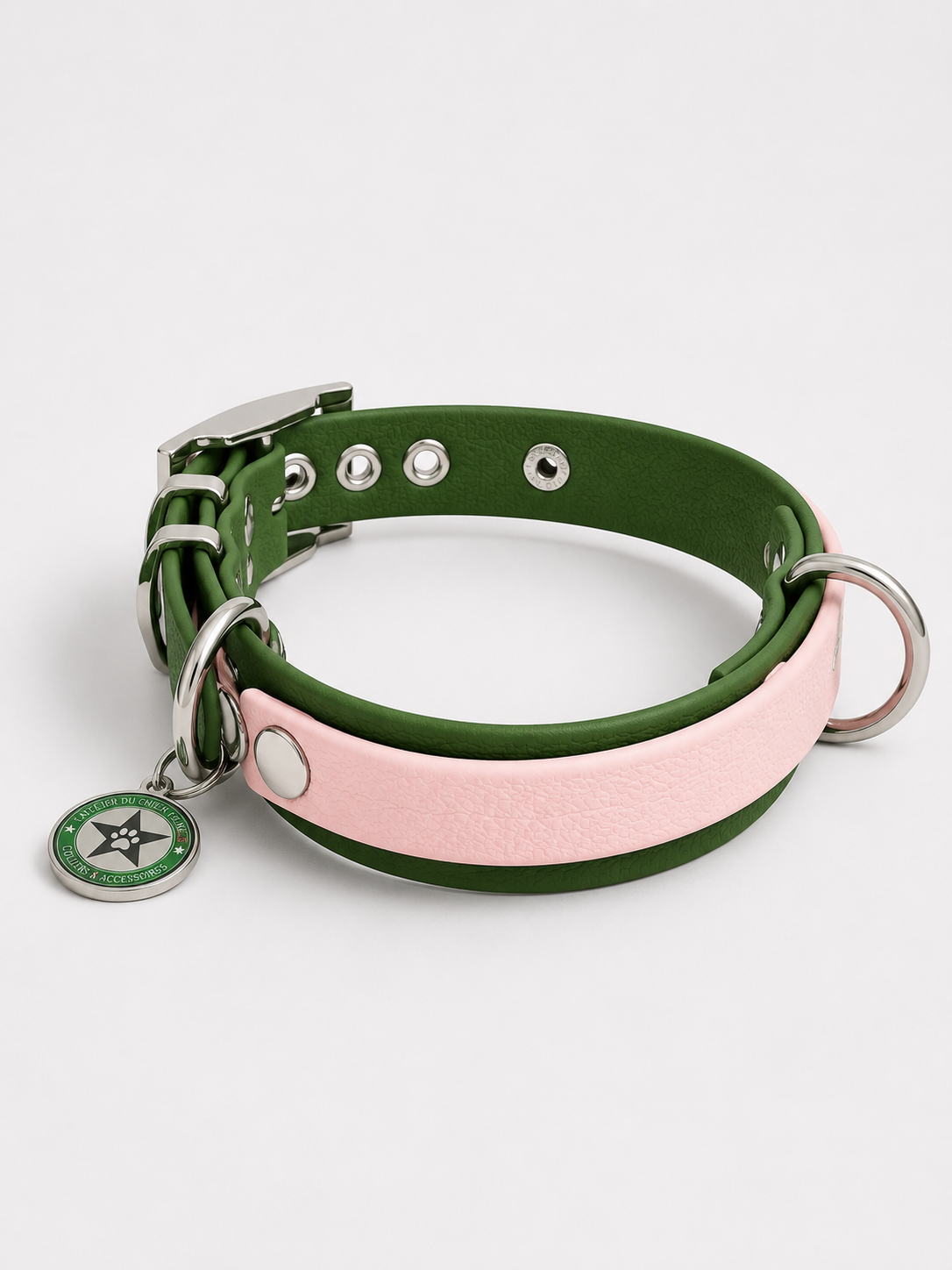 Collier modulable pour chien en TPU vert olive avec bande amovible colorée  rose