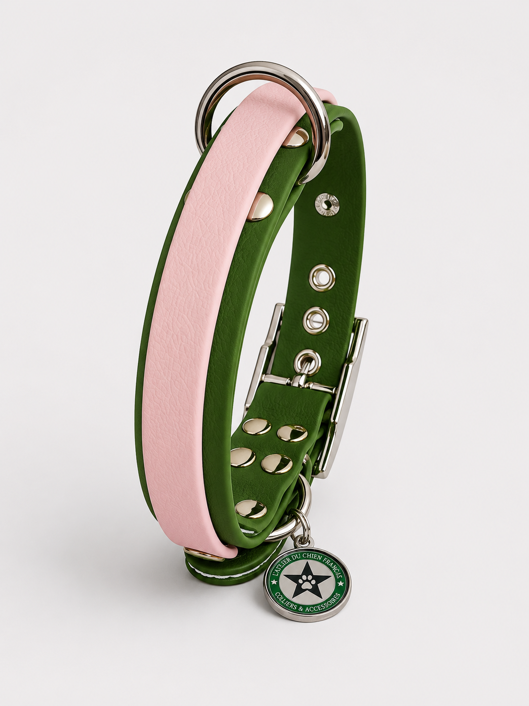 Collier modulable pour chien en TPU vert olive avec bande amovible colorée  rose