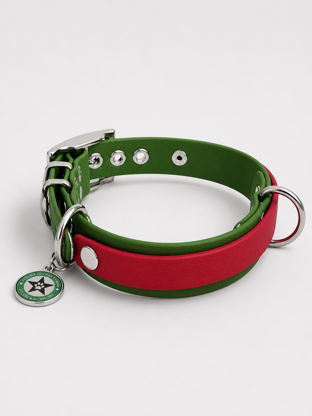 Collier modulable pour chien en TPU vert olive avec bande amovible colorée  rouge cerise