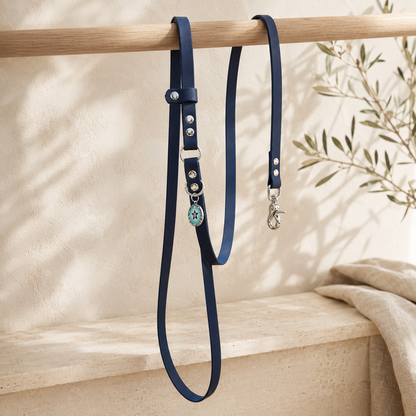 Laisse bandoulière chien bleu nuit 16mm TPU waterproof faite main à Marseille — l'Atelier du Chien Français