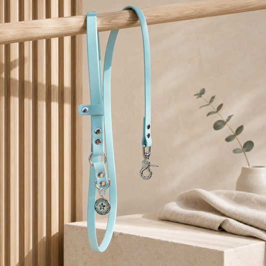 Laisse bandoulière chien bleu pastel 16mm TPU waterproof faite main à Marseille — l'Atelier du Chien Français
