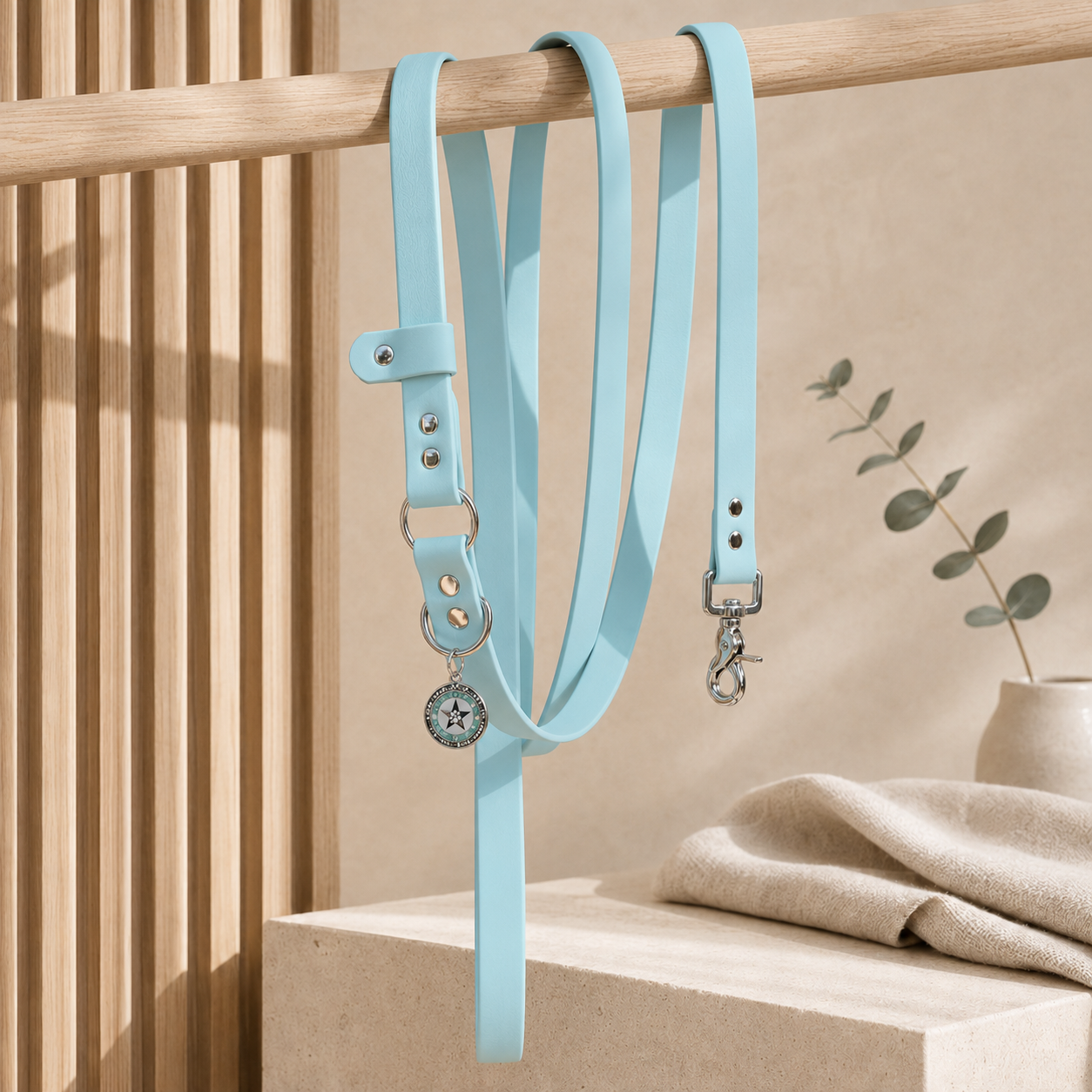 Laisse bandoulière chien bleu pastel 25mm TPU waterproof faite main à Marseille — l'Atelier du Chien Français
