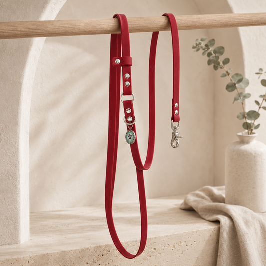 Laisse bandoulière chien rouge cerise 16mm TPU waterproof faite main à Marseille — l'Atelier du Chien Français
