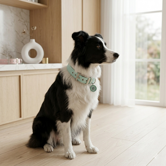 Collier pour chien border collie bleu pastel 25mm waterproof fait main à Marseille — L'Atelier du Chien Français