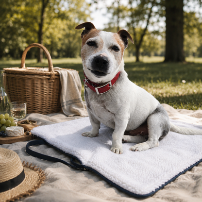 Tapis de voyage pour chien bleu, idéal pour le pic-nique,  fait main à Marseille — l'Atelier du Chien Français
