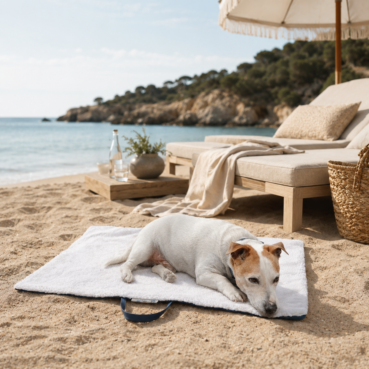 Tapis de voyage pour chien bleu, idéal pour la plage privée, fait main à Marseille — l'Atelier du Chien Français
