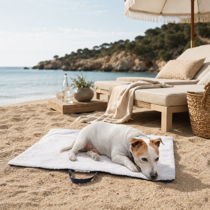 Tapis de voyage pour chien bleu, idéal pour la plage privée, fait main à Marseille — l'Atelier du Chien Français