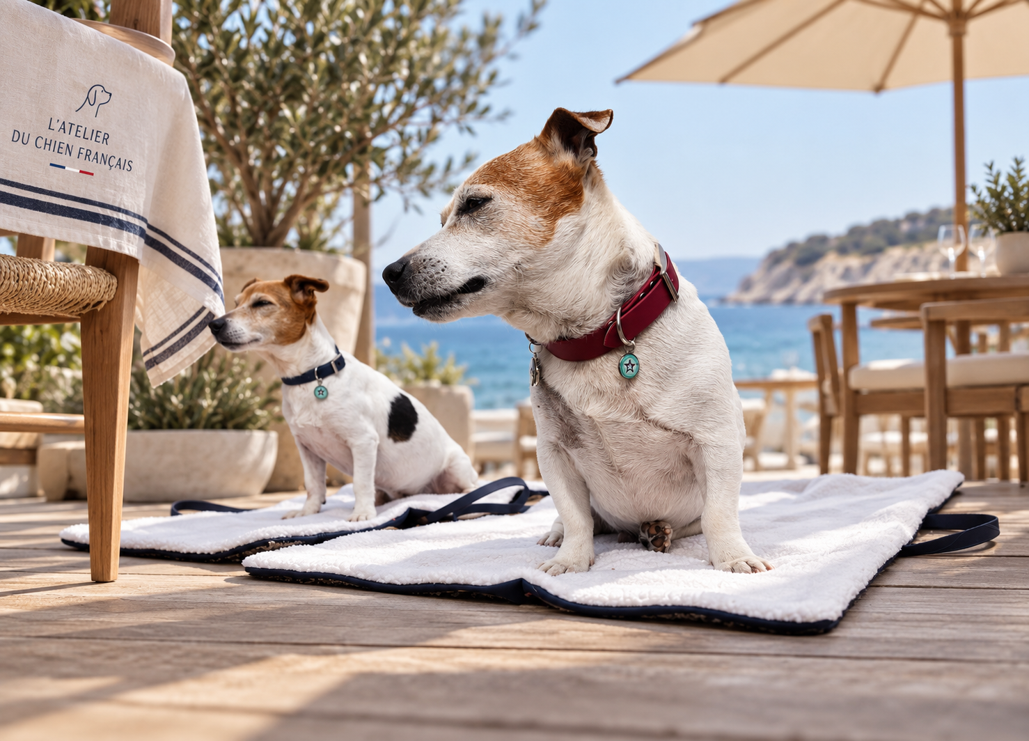 Tapis de voyage pour chien bleu idéal pour sortir au restaurant, fait main à Marseille — l'Atelier du Chien Français